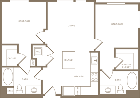 Floor plan for 2 beds, 2 baths, 932 sqft